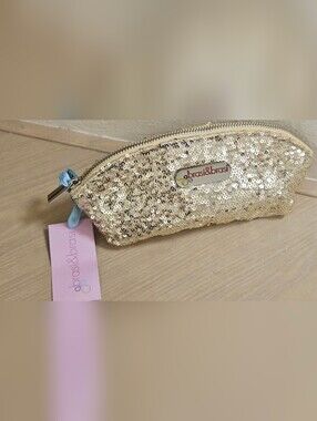 BRASI & BRASI GEMAN SEQUIN LIGHT GOLD SPARKLY MAKEUP PEN CASE TRAVEL BAG CLUTCH
